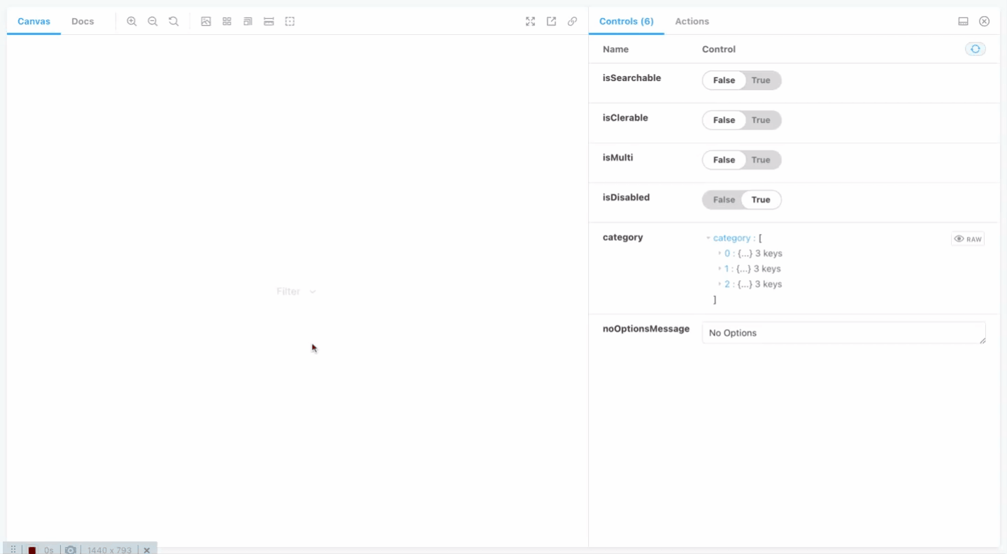 A screenshot of the Storybook dashboard with an open ‘Canvas’ panel on the left and an open ‘Controls’ panel displaying multiple dropdown states on the right